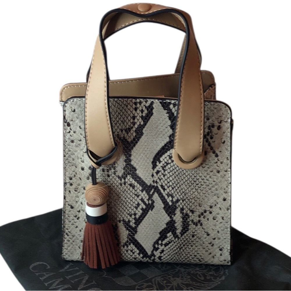 VINCE CAMUTO Suni Python Petite Satchel Snake Print Handbag Taupe Brown NEW NWT